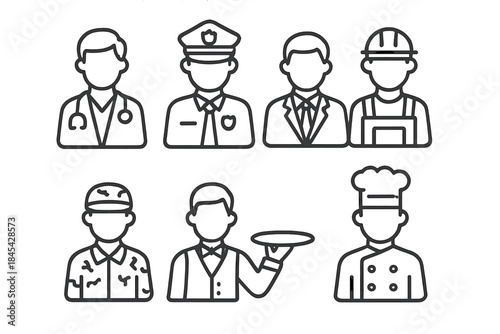 Simple line icons representing diverse essential workers and service industry professionals