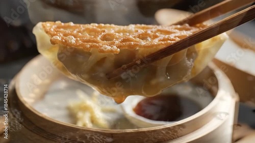 Delicious Gyoza Dumplings - A Culinary Delight with Chopsticks.