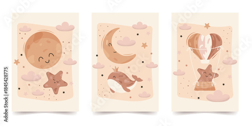 A collection of cute children's designs for decorating children's rooms, postcards, banners, covers, and more. Vector design in pastel colors.