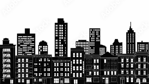 Black and White Silhouette of a City Skyline with Diverse Buildings.