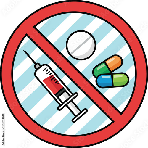 A vital red circle symbol with a diagonal line unequivocally prohibits illegal drugs and substances