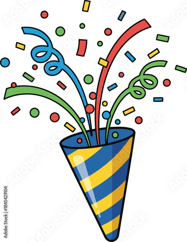 A vibrant party popper bursts open releasing colorful confetti and festive streamers celebrating happy moments