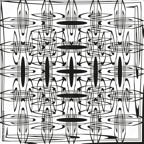 Abstract chaotic pattern. Overlapping geometric shapes. Dynamic visual Vector. Black white line motif.