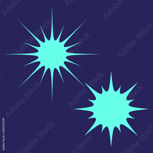 Explosion burst graphic. Dynamic spike shapes. Cyan light Vector. Dark blue background.