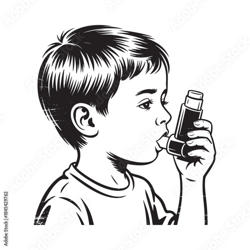 A young boy using an inhaler for respiratory relief depicted in a vintage style