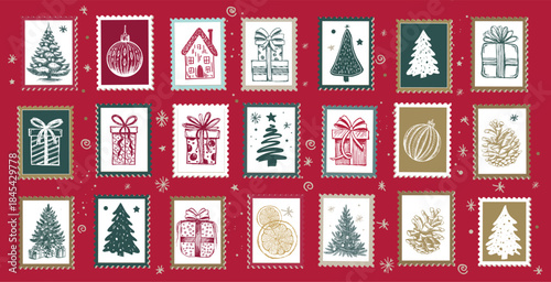 Hand-Drawn Festive Winter Stamps Collection, New Year on red	
