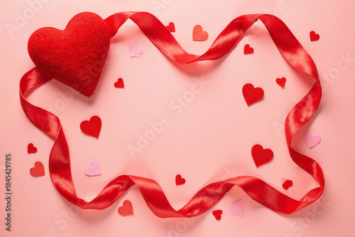 Beautiful red silk ribbon with red hearts on color background. Top view. Flat lay. 3d rendering.
