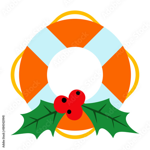 Logo nautical. Anillo salvavidas con bayas y hojas de acebo para tarjetas y felicitaciones de Navidad 