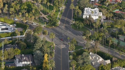 Aerial view of Beverly Drive's intersection, a lush landscape of palm trees and luxury homes under a soft sunlight, Beverly Hills, California, United States.