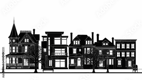 Row of Diverse Architectural Styles of Old Houses.