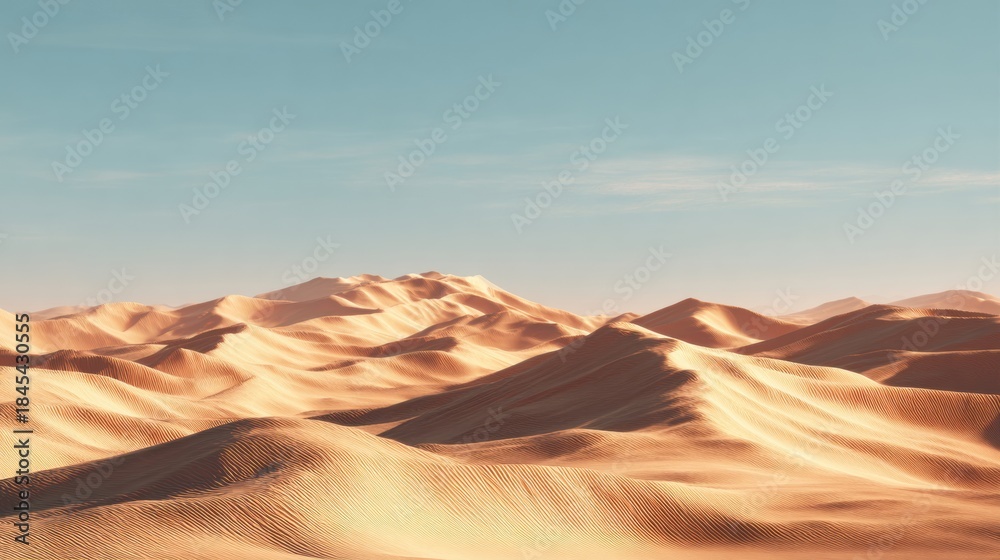Naklejka premium Soft Desert Dunes Stretch Under a Large Sky During Daytime With Warm Tones and Features of the Landscape Visible in the Distance