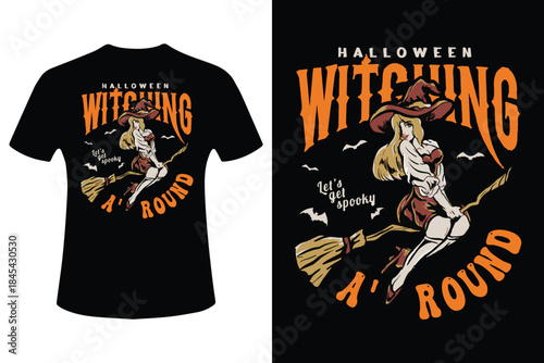 Halloween witch riding broomstick t shirt design with cartoon witch and bats