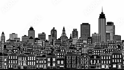 Detailed Black and White Cityscape Illustration of Urban Buildings.