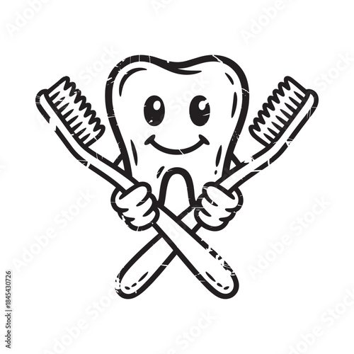 A happy tooth character holding two toothbrushes promoting dental hygiene
