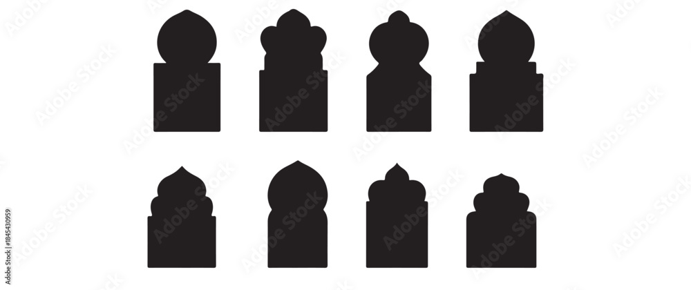Fototapeta premium A collection of eight black silhouettes depicting ornate pointed archways and architectural elements against a white background