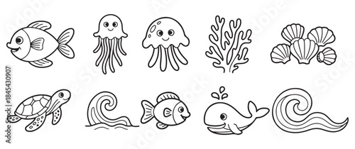 a delightful collection of hand drawn marine life including fish jellyfish turtles and coral in black and white