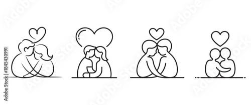 A series of minimalist line art illustrations depicting couples embracing in various stages of affection and connection