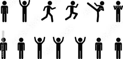 Human stick figure action icons set showing standing running jumping kicking exercising poses pictogram silhouettes vector illustration for web design