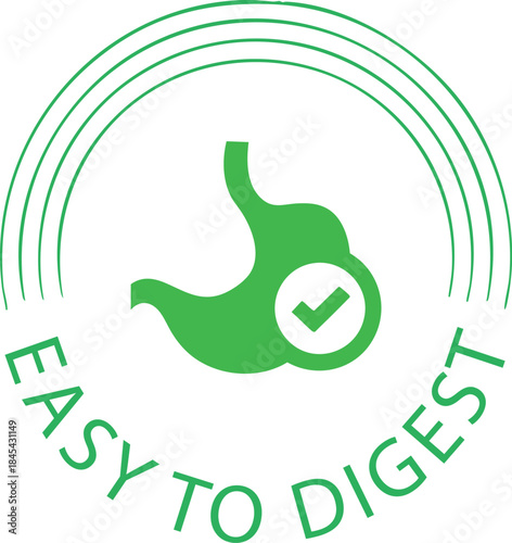 Green stomach icon with checkmark and text Easy to Digest representing healthy digestion and food suitability perfect for health and wellness branding