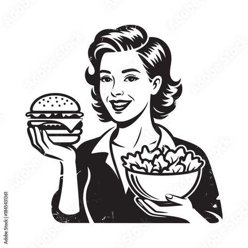 A smiling woman presenting a hamburger and a bowl of potato chips