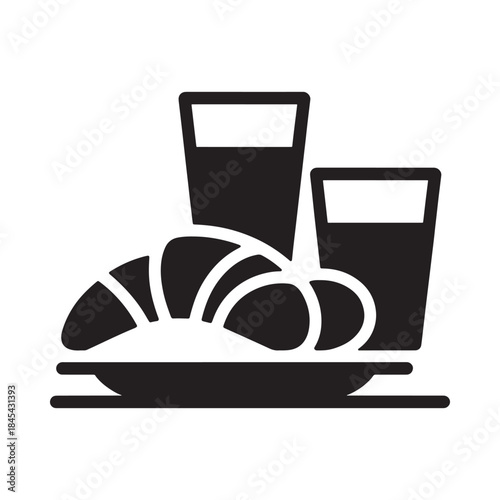 A simple black and white icon depicting croissants and drinks on a plate