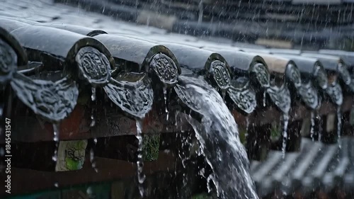Gentle rain falling on a beautifully crafted traditional Asian tiled roof creating a serene and calming atmosphere as water slowly drips from the ornate eaves reflecting the peaceful essence of natur.