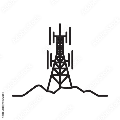 Simple black and white illustration of a telecommunications tower on a hill