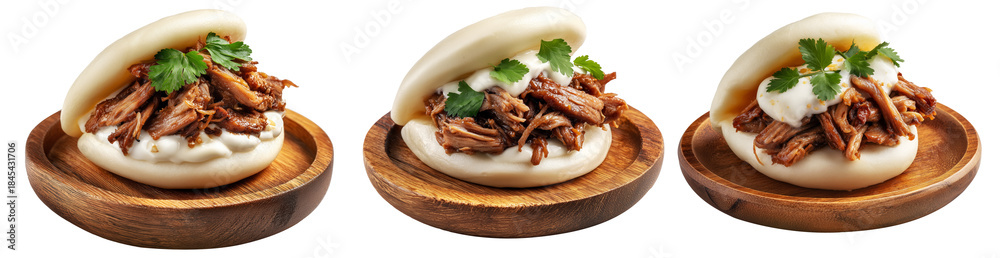 Fototapeta premium Set of Polynesian steamed bao bun filled with shredded pork, creamy sauce, and cilantro, on white background, Polynesian Snacks