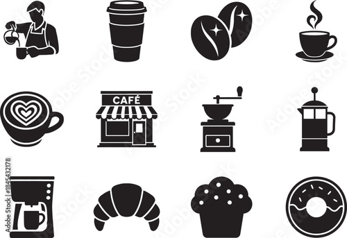Café themed flat icon set crafted with bold silhouette shapes suited for creative branding.