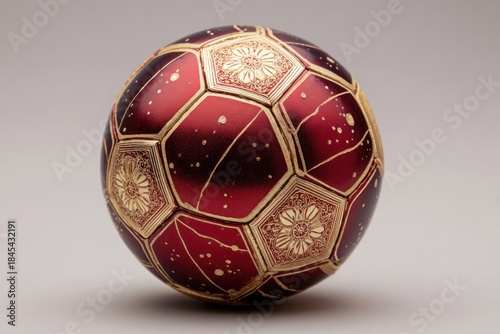 An ornate, decorative soccer ball with intricate gold patterns on a muted background.