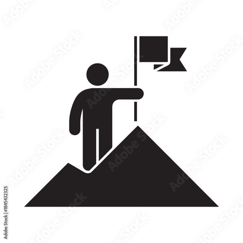 A person reaching the summit of a mountain with a flag