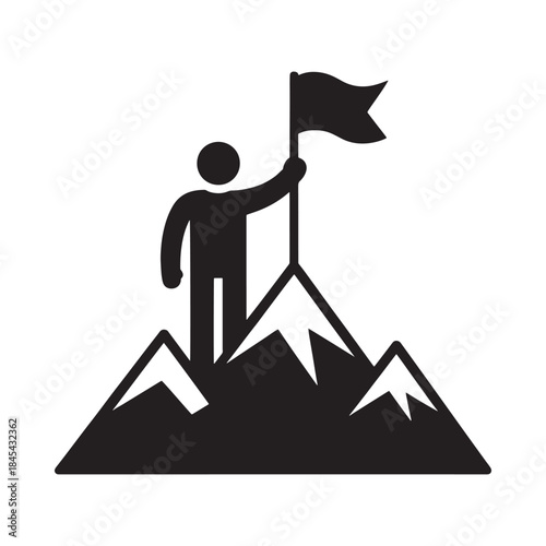 A person standing atop a mountain proudly raising a flag in victory