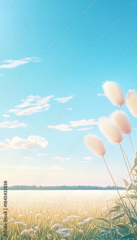 Obraz premium Expansive Golden Wheat Field Under a Bright Blue Sky with Fluffy White Clouds and Rural Charm