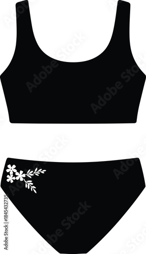 Minimal black bikini swimsuit vector illustration with crop top and high waisted bottom silhouette isolated modern summer beach fashion design