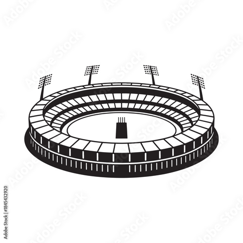 Black and white illustration of a large circular sports stadium with lights