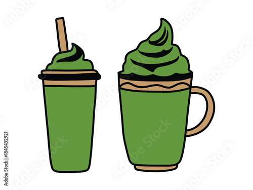 Matcha drink set. Matcha latte illustration. Green tea drink in cup and glass