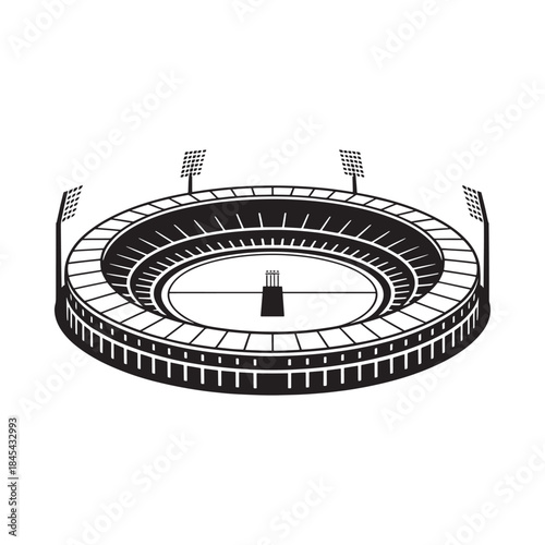 Black and white illustration of a large oval stadium with floodlights