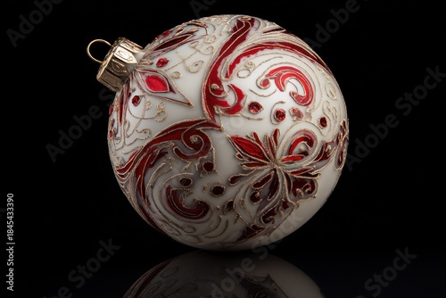 A decorative Christmas ornament with intricate red and silver patterns rests on a reflective surface.