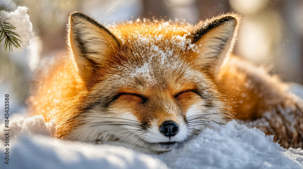 Fototapeta premium A sleeping red fox curled up in the snow during winter, a close-up wild animal portrait with frost on fur, a peaceful nature scene, a cute wildlife hibernation concept.