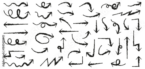 Hand drawn arrow collection with textured rough strokes. Each arrow shows different curves, loops and directions