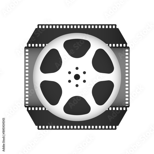 Film reel in folded film strip frame. Cinema symbol. Filmmaking equipment icon. Vector illustration