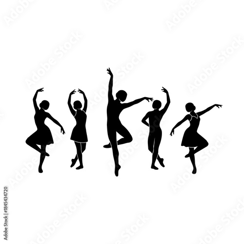 Silhouette of five ballet dancers in various poses.