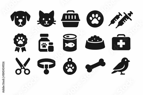 Pet care icons: dog, cat, veterinary, supplies, animal wellness illustrations.