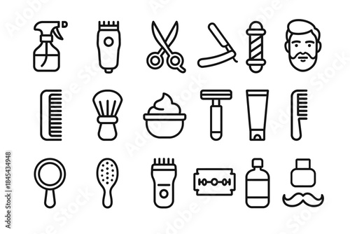 Barber tools icons: scissors, clippers, razors, combs, grooming essentials.