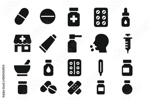 Medical icons: pills, bottles, syringe, thermometer, and more in silhouette style.