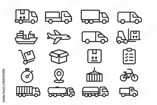 Icon set of delivery and transportation vehicles with logistics elements.
