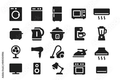 Collection of household appliance icons in black on white background.