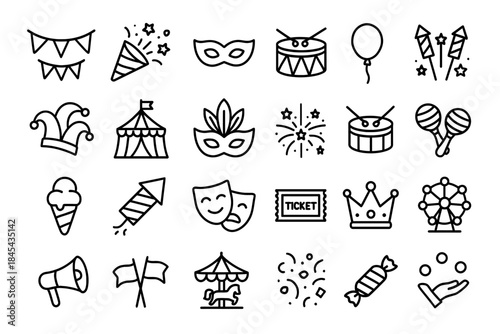 Festival icons collection: masks, fireworks, carnival tent, and more.