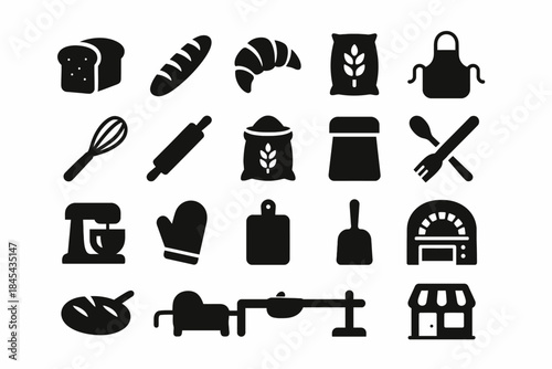 Set of bakery icons: bread, pastry, utensils, oven, mixer, shop illustrations.