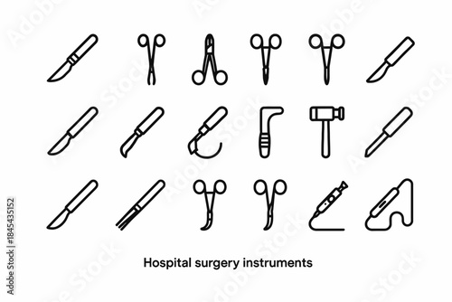Outline illustrations of surgical instruments with scalpels and scissors.